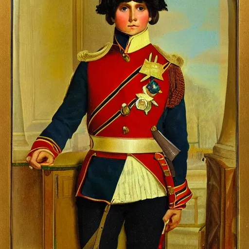 Prompt: portrait of handsome dark haired teenager in napoleon army uniform in Russian empire by Orest Kiprensky,