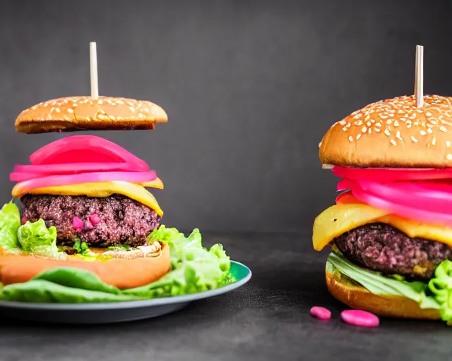 Image similar to dslr food photograph of burger with a pink raw patty in it, 8 5 mm f 1. 4