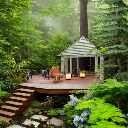 Image similar to backyard deck in misty lush landscape with multi levels and rich wood, gas lanterns, fern and golden retrievers