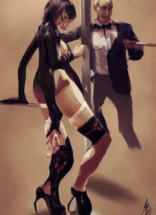 Image similar to a professional painting of vladimir putin, wearing in stocking, mesh shirt, in a strip club, dancing on a pole, elegant, digital painting, concept art, smooth, sharp focus, finely detailed illustration, beautifully framed, from Metal Gear, in the style of Artgerm and Greg Rutkowski and William-Adolphe Bouguerea