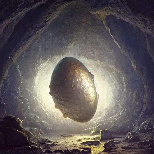 Image similar to A large steel dragon egg inside a metallic cave, fantasy art by Albert Bierstadt and James Gurney, highly detailed, digital painting, matte painting, concept art, illustration, oppressive lighting, trending on artstation, very detailed