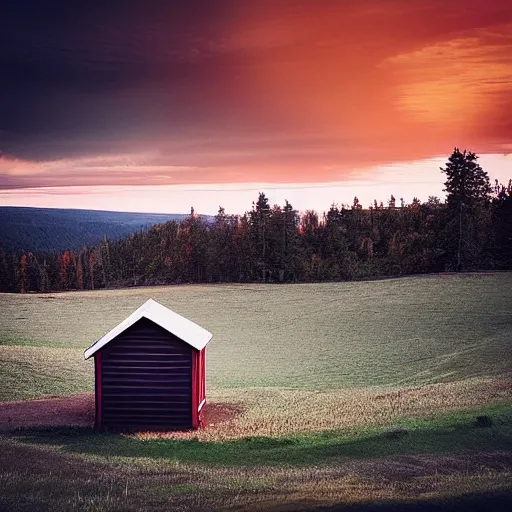 Image similar to stunning photo of landscape with an red cabin on a mountain by mikko lagerstedt