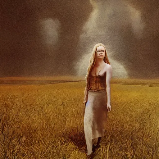 Prompt: Elle Fanning, head and shoulders masterpiece, apocalypse, golden hour, cosmic horror, artstation, in the style of Andrew Wyeth, extremely detailed