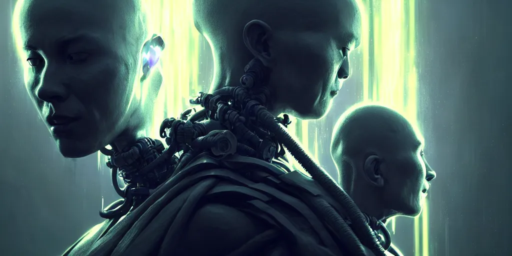 Prompt: meditating monk with cybernetic mohawk and cybernetic enhancements, scifi character portrait by greg rutkowski, craig mullins, cinematic lighting, dystopian scifi outfit, profile picture, mechanical, cyborg, half robot ultra realistic 8 k resolution.