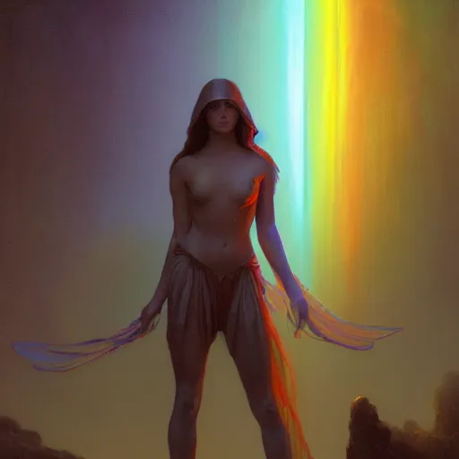 Prompt: concept art painting of a beautiful figure called the moonbow queen, a rainbow in the dark, colorful, by Michael Whelan, William Adolphe Bouguereau, and Donato Giancola, highly rendered, beautiful, cyberpunk, artstation, extremely moody lighting, glowing light and shadow, atmospheric, shadowy, cinematic, 8K