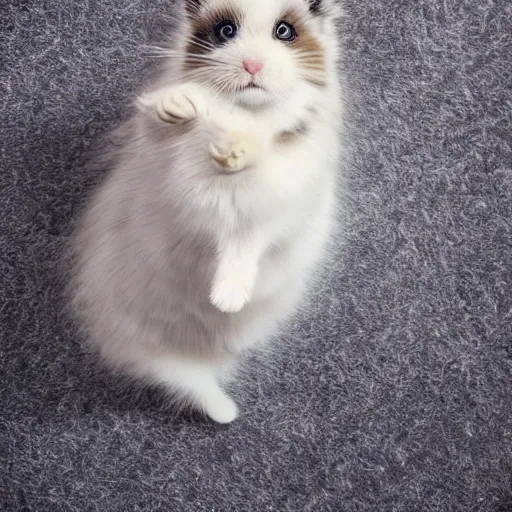 Image similar to fluffy miniature feline cat hamster portrait, aesthetic highly detailed soft fur and paws, professionally shot photorealistic 8k photograph, 35mm Canon EOS R3, rendered in octane, by Natalie Große and Jason Allison