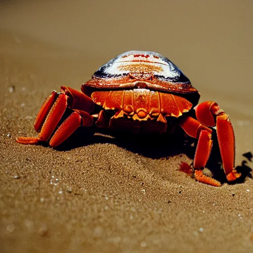 Image similar to An extreme close up of a large hermit crab in the sand, high DOF, National Geographic, F 1.8, Kodak Portra