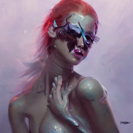 Image similar to A masterpiece portrait of a Incredibly beautiful half slightly damaged robot girl Combat makeup. Vogue. trending on artstation, digital art, by Stanley Artgerm Lau, WLOP, Rossdraws, James Jean, Andrei Riabovitchev, Marc Simonetti, Yoshitaka Amano