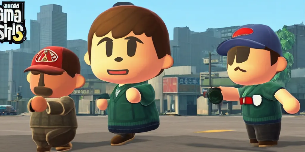 Image similar to Villager from animal crossing super smash bros as a 90s gangster in GTA V, Cover Art by Stephen Bliss, Boxart, Loading Screen. 8k Resolution