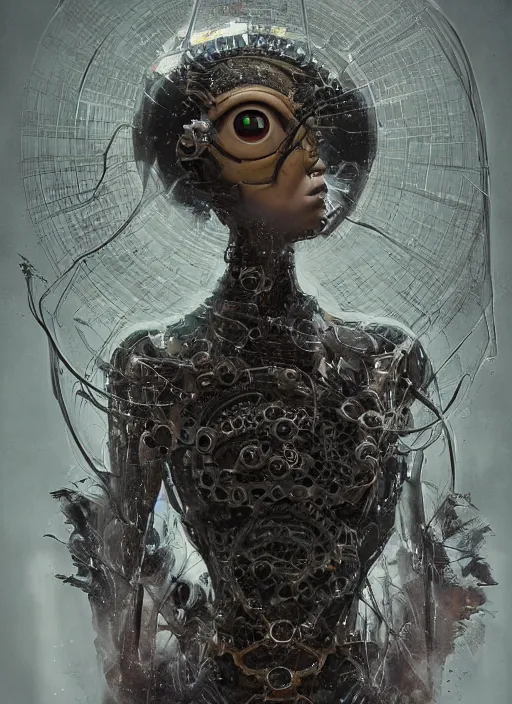 Prompt: portrait of a futuristic geisha cyborg, in the style of ghost in the pans labyrinth, nightmare, kintsugi, modern fine art, fractal, intricate, elegant, highly detailed, digital photography, subsurface scattering, by jheronimus bosch and greg rutkowski,