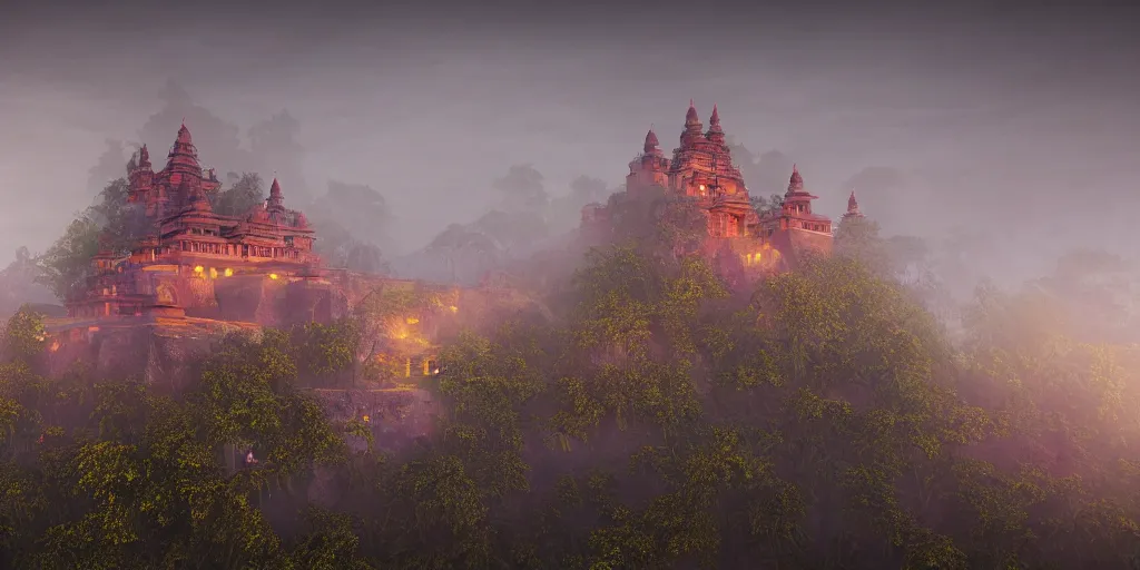 Prompt: a highly detailed photo of a hindu castle surrounded by a mist shot during twilight on 3 0 mm film painted by alena aenami, rendered in unreal engine