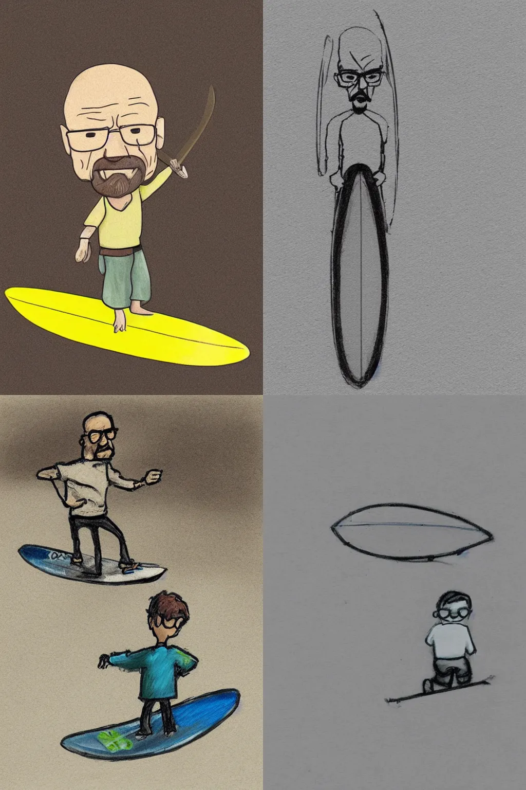 Prompt: court sketch of a small walter white riding a disproportionately large surfboard