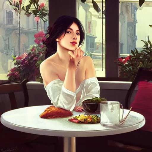 Image similar to a dinner date with the girl next door, slice of life, modern, realistic,!! looking at the camera!!, solo, first person pov, enjoying life!!! elegant, highly detailed, digital painting, artstation, concept art, matte, sharp focus, illustration, art by artgerm and greg rutkowski and alphonse mucha