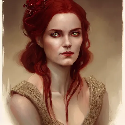 Image similar to a detailed matte head - on portrait painting of an middle - aged tiefling elegant and distinguished noblewoman with golden eyes and short long flowing red hair, by charlie bowater, lise deharme, wlop, tending on arstation, dungeons and dragon, dnd, pathfinder, fanart, oil on canvas