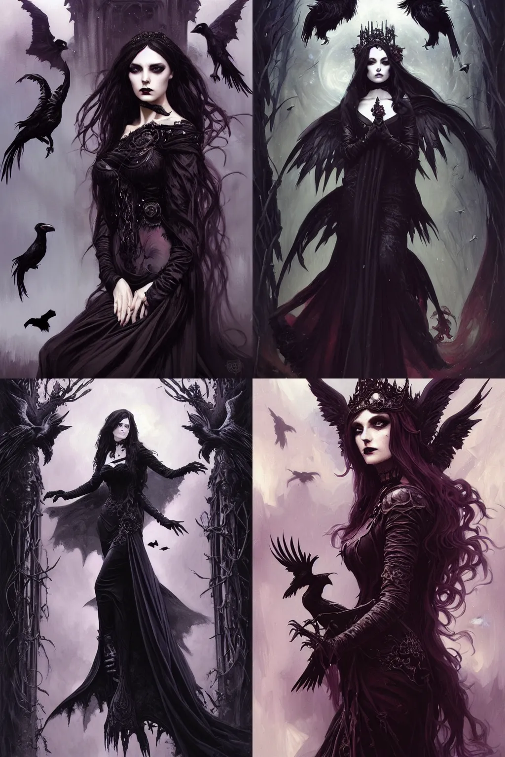 Prompt: oil painting of a gothic enchantress surrounded by ravens, dark expression, ornate details, fantasy, intricate, elegant, whimsical, highly detailed brushstrokes, digital painting, artstation, dnd concept art, smooth, sharp focus, illustration, art by charlie bowater and artgerm and greg rutkowski and alphonse mucha