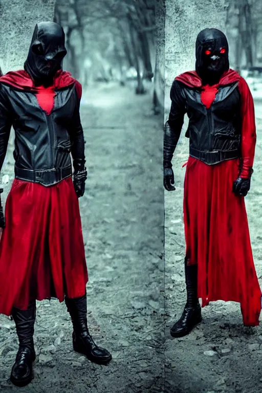 Image similar to red hood cosplay, creepy, disturbing, bloody, darkness, grainy