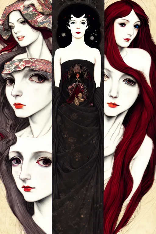 Image similar to 3 winter muses, triad of december, january and february, style mix of æon flux, shepard fairey, botticelli, john singer sargent, pre - raphaelites, shoujo manga, harajuku fashion, stark landscape, muted dark colors, superfine inklines, ethereal, 4 k photorealistic, arnold render