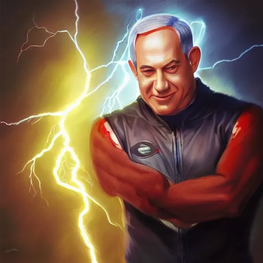 Image similar to portrait of benjamin netanyahu smirking while holding lightning bolts with his hands, by artgerm and greg rutkowski