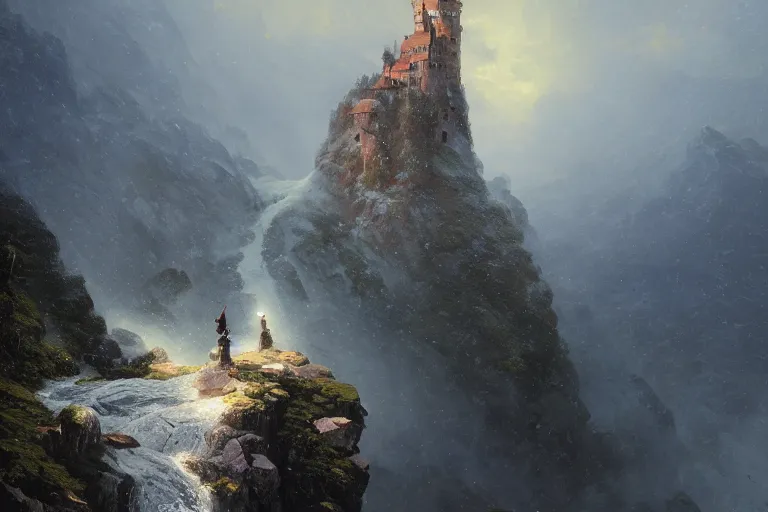 Image similar to castle at the top of a magical mountain, waterfall below, oil painting by Ivan Aivazovsky and Greg Rutkowski, artstation, fantasy, intricate, beautiful, cinematic, octane render, arnold render, 8k, hyper realism, detailed, sharp focus, 4k uhd
