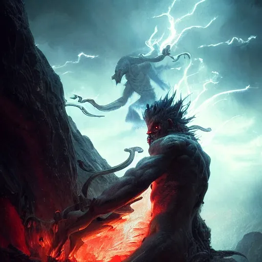 Prompt: a lightning demon fighting a shadow demon at the gates of hell, greg rutkowski, 8 k, shallow depth of field, moody lighting, ultra high detail, concept art,