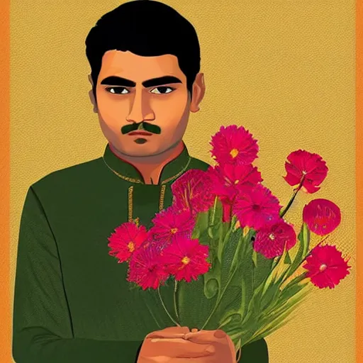 Prompt: indian guy holding flowers, looking nostalgic, in love, in a dapper kurta, artwork by Cheng, Hsiao-Ron