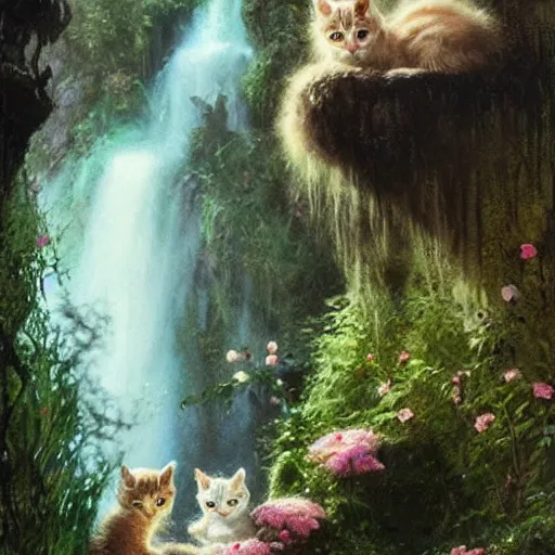 Prompt: two kittens watching the waterfall in the enchanted forest, fantasy, intricate, extremely detailed, matte, artstation, art by greg rutkowski, louis wain, alan lee