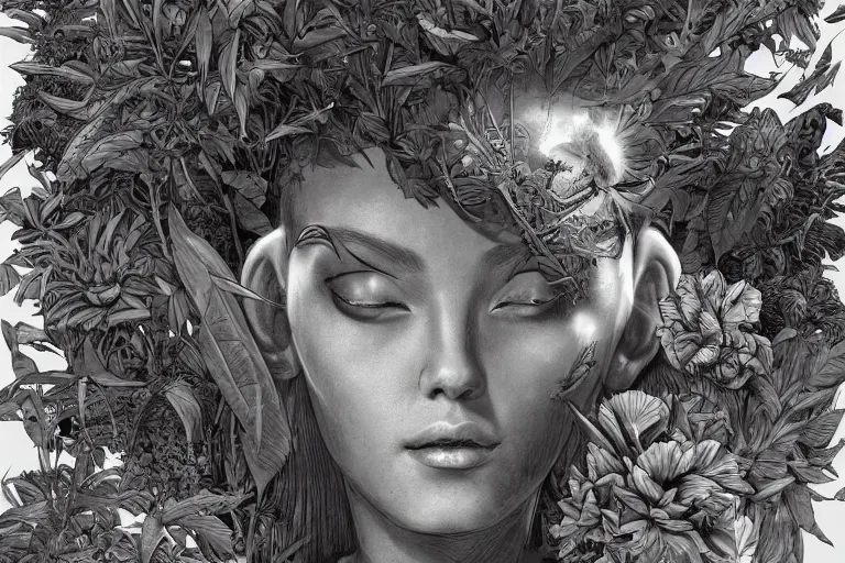Image similar to gigantic robot - girl head floating in the space, a lot of exotic plants, trees, flowers, oldschool vintage sci - fi flat surreal grainy design, super - detailed, drawing by kim jung gi, hd, 4 k, high quality