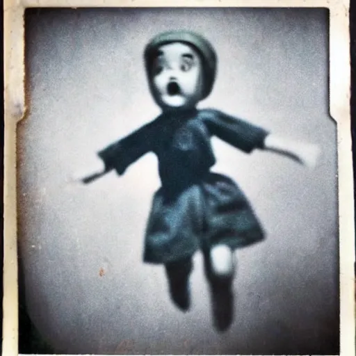 Image similar to 1 9 5 0 s, creepy dolls jumping towards viewer, horror, lost photograph, forgotten, polaroid,