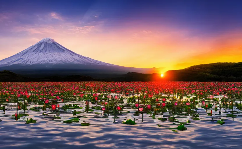 Prompt: professional photo of a snow topped volcano lit by the sunset, lotus flowers on the water, realistic, smooth light