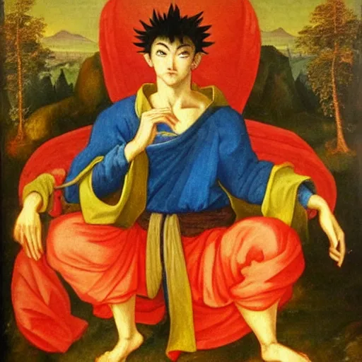 Image similar to renaissance oil painting of Goku wearing a robe, posing as king