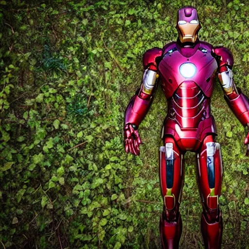 Image similar to abandoned iron man suit covered in vines, 4k realistic photo