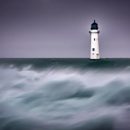 Image similar to stormy ocean at midnight, dark storm clouds overhead, lighthouse in the background concealed by fog