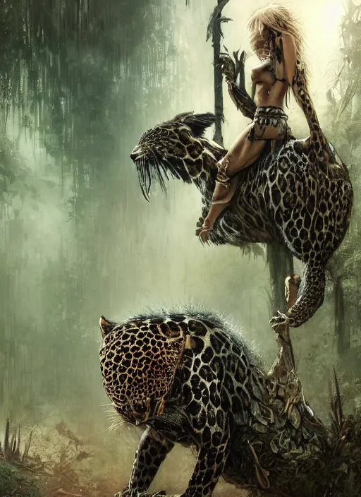 Image similar to a very beautiful cute tribal woman riding a mutated jaguar in a post apocalyptic city overgrown with lush vegetation, by Luis Royo, by Greg Rutkowski, dark, gritty, intricate, backlit, strong rimlight, cover illustration, concept art, volumetric lighting, volumetric atmosphere, sharp focus, octane render, trending on artstation, 8k