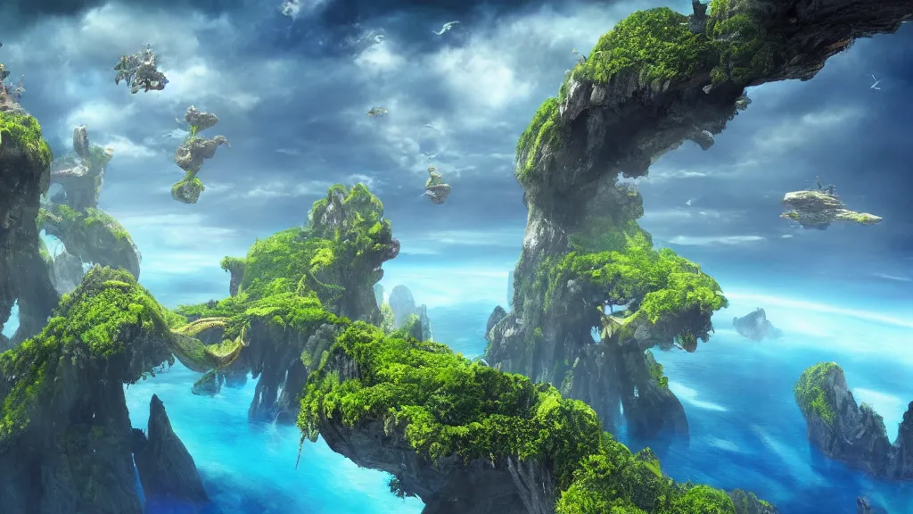 Image similar to low wide angle shot of fantasy micro world islands suspended in the air, like in the Avatar movie, fantasy artwork, very beautiful scenery, hd, hdr, cinematic 4k wallpaper, 8k, ultra detailed, high resolution, artstation