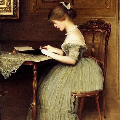 Prompt: victorian girl in ball gown writing a letter, painting by alfred stevens