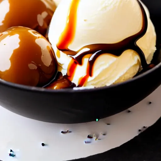 Image similar to closeup of a bowl with three balls of vanilla ice cream covered with caramel sauce and sprinkles. Simplistic.