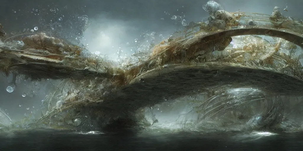 Image similar to study material with side perspective, transparent water River flow, realistic water foam,agua droplets, underwater, bridge made of water ,physically based rendering, defined features by ellen jewett, tomasz alen kopera and Justin Gerard