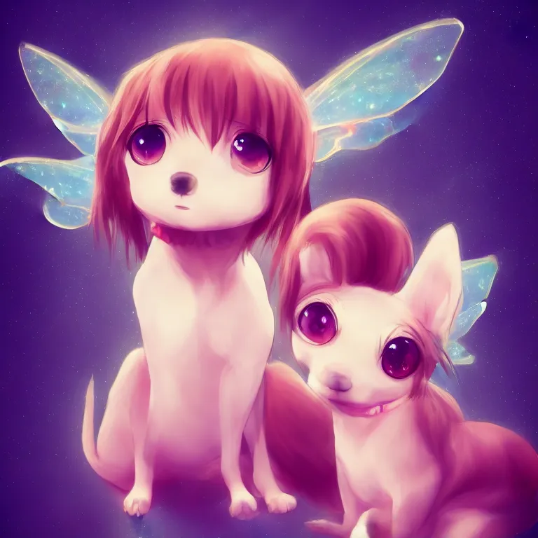 Prompt: cute, full body, female, anime style, a dog girl with fairy wings, large eyes, beautiful lighting, sharp focus, simple background, creative, heart effects, filters applied, illustration