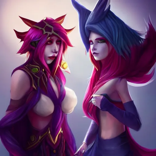 Image similar to league of legends, xayah and kai'sa, best friends, photorealism, portrait, cute, pretty