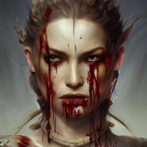 Image similar to painting of a warrior woman, sad, cry, gloomy, blood, fire, intricate, elegant, highly detailed, digital painting, artstation, concept art, matte, sharp focus, illustration, octane render, unreal engine, art by aenaluck and roberto ferri and greg rutkowski, epic fantasy, digital painting