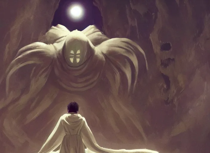 Image similar to a creepy white robed being kneeling in front of a giant golden god in the darkness, ghibli style, artstation