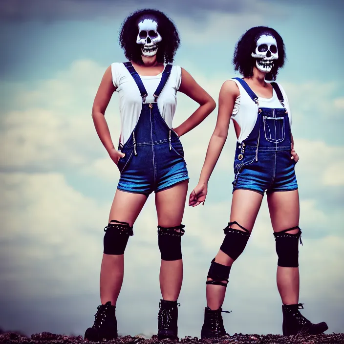 Image similar to fully body pose, photo of a very beautiful!! skull woman, overalls, short shorts, fishnets, combat boots, 8 k, hdr, smooth, sharp focus, high resolution, award - winning photo, trending on artstation, dslr, 5 0 mm