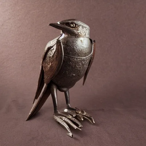 Image similar to a small cast iron bird with weapons and armor, ruby eyes, cast iron, folk art display, museum display, photography, studio lighting, 8k