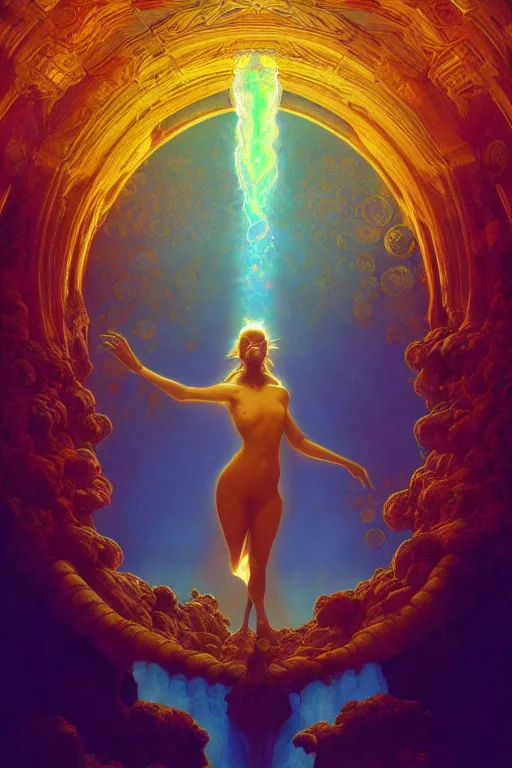 Image similar to beautiful sorceress opening portal to hell, vivid color, complementary color, golden ratio, detailed, sharp lines, sharp focus, intricate, rainbowshift, by maxfield parrish, by peter mohrbacher, by gustave dore, by artgerm, by alphonse mucha, deviantart, octane render