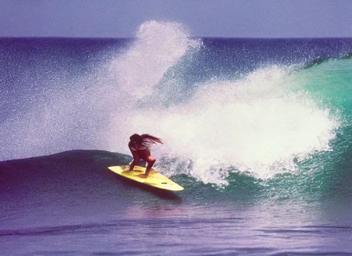 Prompt: color photo of a surfergirl riding a big wave in the 8 0's. shark fin in the water