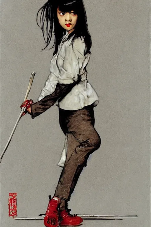 Image similar to Gogo Yubari from the movie Kill Bill painted by Norman Rockwell