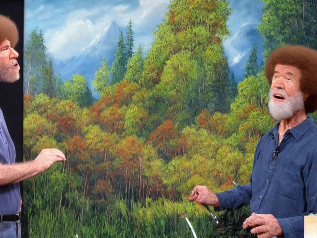 Image similar to old!!!! bob ross is sad and angry and yelling!!! at a huge painting of nature by bob ross