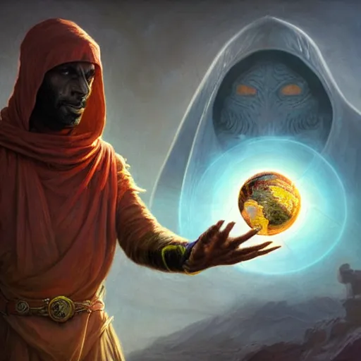 Image similar to male nomad wearing a cloak on an alien world and holding a holographic planet projection in his hand, covered face, detailed, sci - fi, digital painting, artstation, sharp focus, illustration, artgerm, tomasz alen kopera, peter mohrbacher, donato giancola, joseph christian leyendecker, wlop, frank frazetta