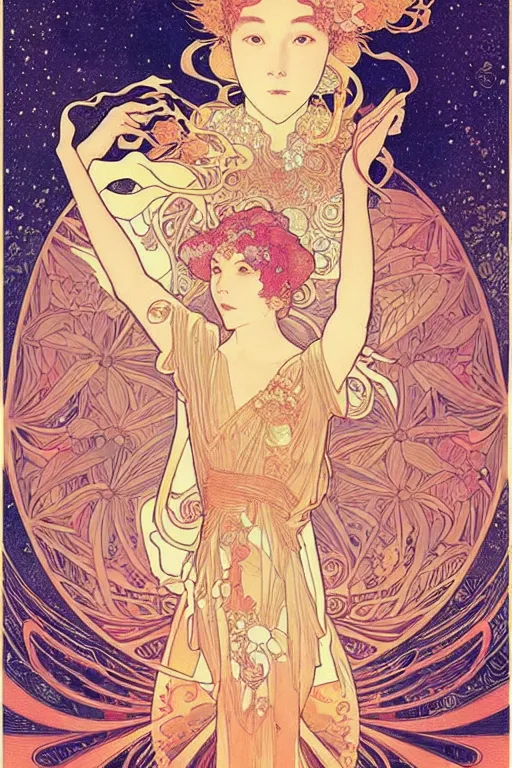 Image similar to phoenix, victo ngai style, alfons mucha ， from china, style of studio ghibli, chinese style