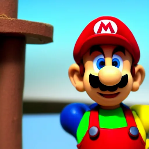 Prompt: Photo of ((Mario)) in a still from a Wallace and Gromit stopmotion animation, plasticine models, British stopmotion, high quality, a bit desaturated colors, art by Aardman Animations, 4k